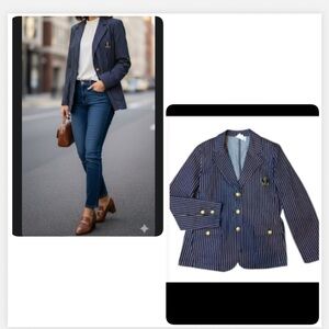 DIANE GILMAN VINTAGE PREPPY BLUE DENIM JEAN  PINSTRIPE BLAZER